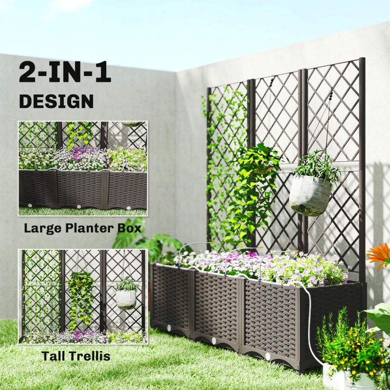 Outsunny 3PCS Plastic Planter Box with Trellis, Self-Watering Raised Garden Bed with Trellis and Automatic Watering Timer Kit