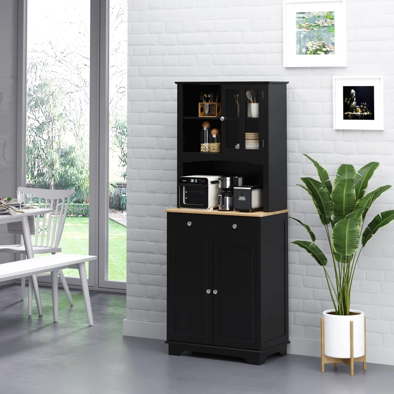 HOMCOM Freestanding 67" Kitchen Buffet with Hutch, Pantry Cabinet with Microwave Stand, Adjustable Shelf, 2 Drawers, Cupboard, Black