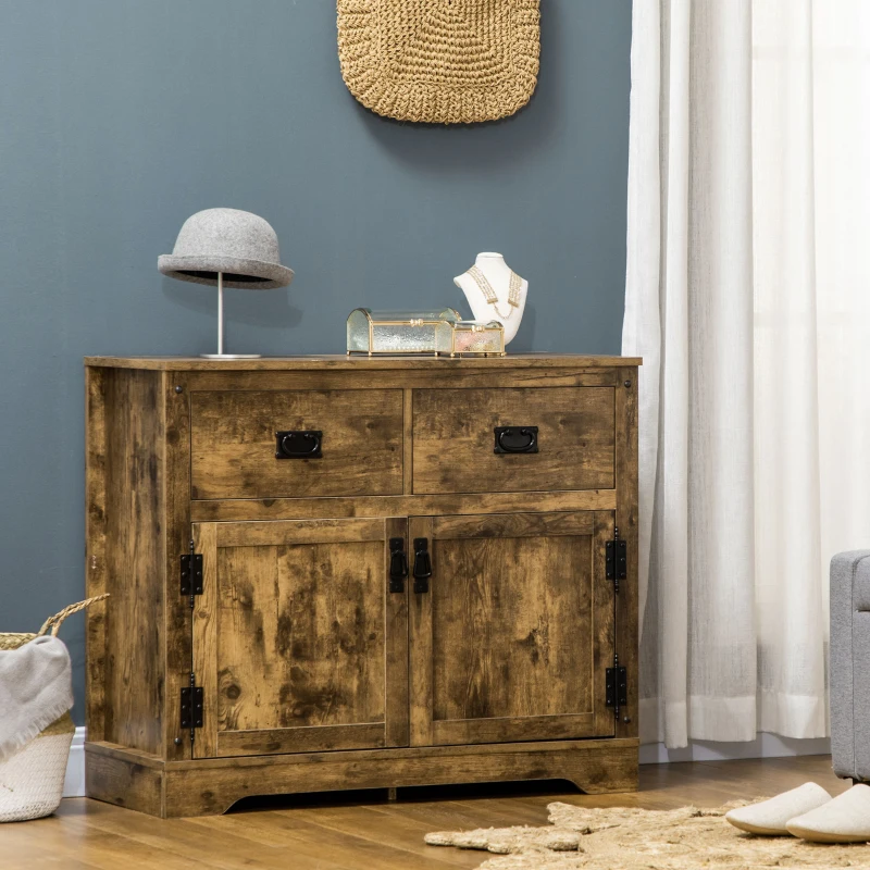 HOMCOM Industrial Sideboard Buffet Cabinet, Kitchen Cabinet with 2 Drawers, 2 Doors, Adjustable Shelf Coffee Bar Cabinet, Rustic Brown