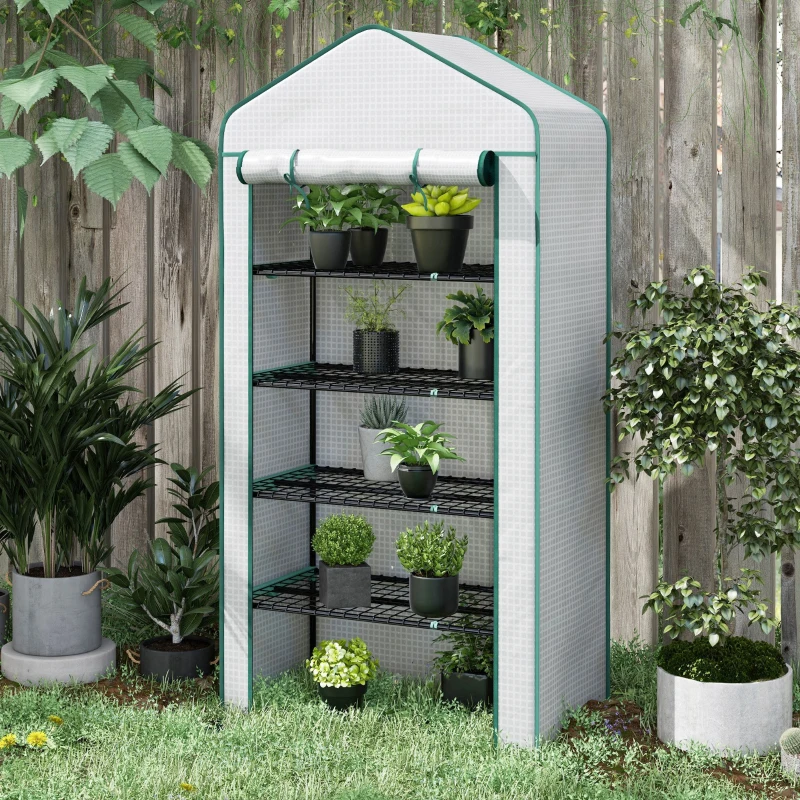 Outsunny 5 Tier Mini Greenhouse, Small Portable Greenhouse with PE Cover, Roll-Up Zippered Door, 76" x 35.4" x 19.3", White