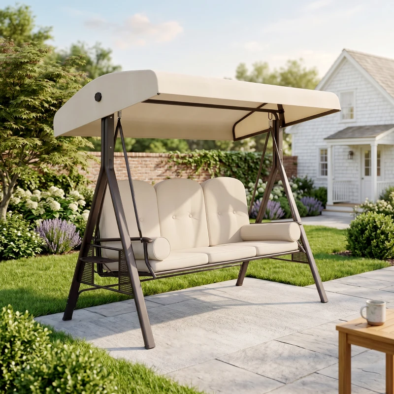 Outsunny 3-Seat Patio Swing Chair, Outdoor Porch Swing Glider with Adjustable Canopy, Removable Cushion, Pillows and Side Trays, for Garden, Poolside, Backyard, Beige