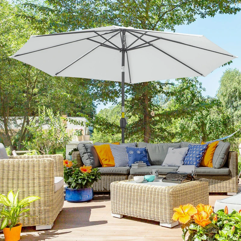 Outsunny 10' x 8' Round Market Umbrella, Patio Umbrella with Crank Handle and Tilt, Outdoor Parasol for Garden, White