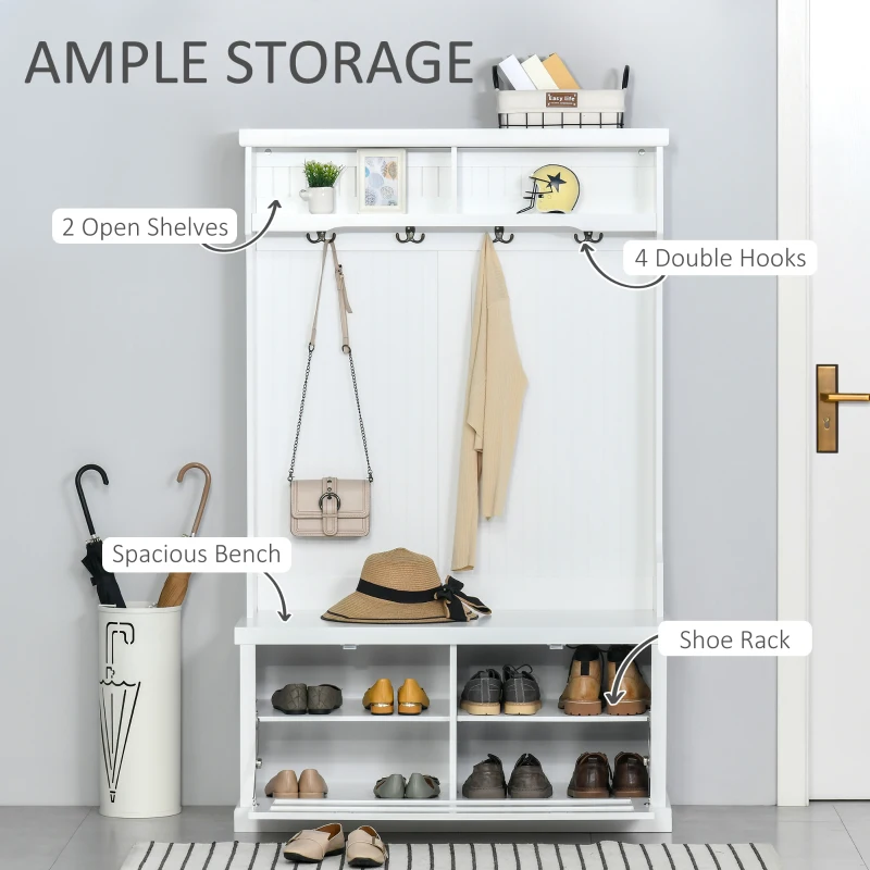 HOMCOM Entryway Bench with Coat Rack, 4 Double Hooks and 2 Compartments, Hall Tree with Bench and Shoe Storage for Hallway, Living Room, White