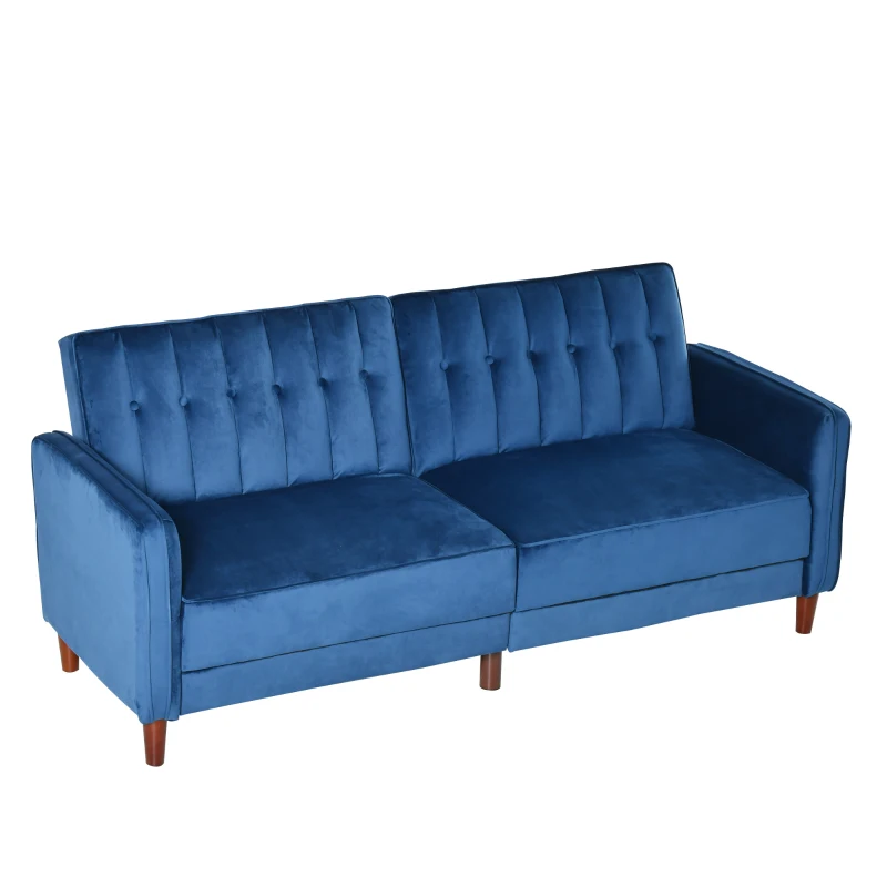 HOMCOM Convertible Sofa Sleeper Futon with Split Back Design Recline, Thick Padded Velvet-Touch Cushion Seating and Wood Legs, Blue