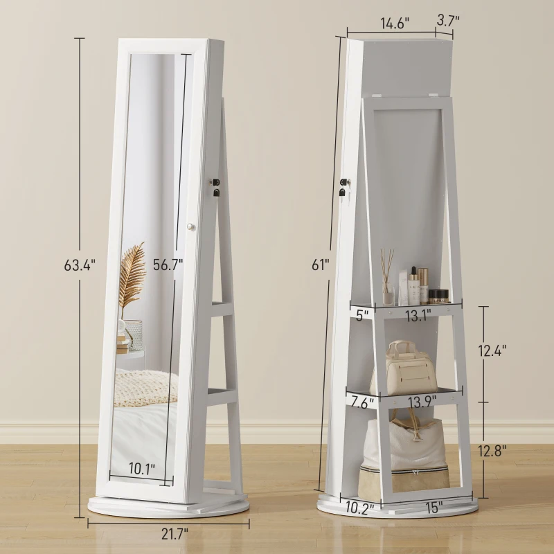 HOMCOM 360° Swivel Jewelry Armoire, Lockable Jewelry Cabinet with Full-Length Mirror, Storage Shelves, White