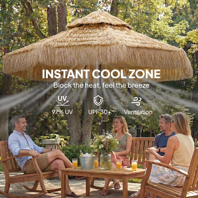 Outsunny 8.5 FT Hula Thatched Tiki Patio Umbrella, 2-Tier Tropical Hawaiian Style Outdoor Umbrella with 8 Ribs, UPF30+, Khaki