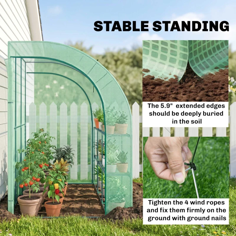 Outsunny 10' x 5' x 7' Lean to Greenhouse, Walk-In Green House, Plant Nursery with 2 Roll-up Doors and Windows, PE Cover and 3 Wire Shelves, Green(m-6)