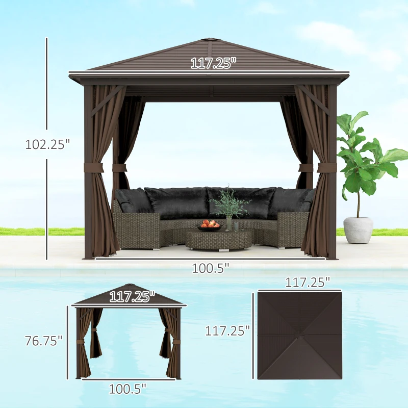 Outsunny 10' x 10' Hardtop Gazebo Canopy, Permanent Pavilion with Hook, Curtains, Aluminum Frame for Patio, Garden, Dark Brown