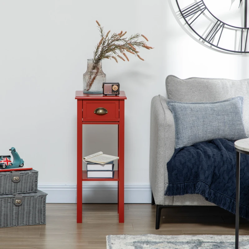 HOMCOM 2-Tier Side Table with Drawer and Shelf, End Table for Living Room and Hallway, Red