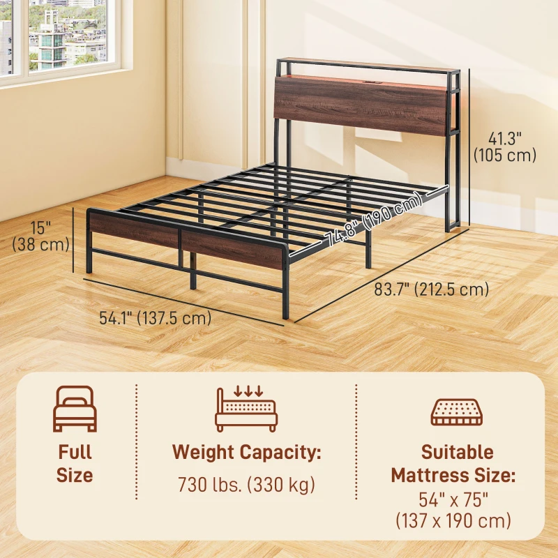 HOMCOM Full Size Bed Frame with LED Lights and Charging Station, Full Bed Frame with Storage Headboard, Noise-Free, Walnut
