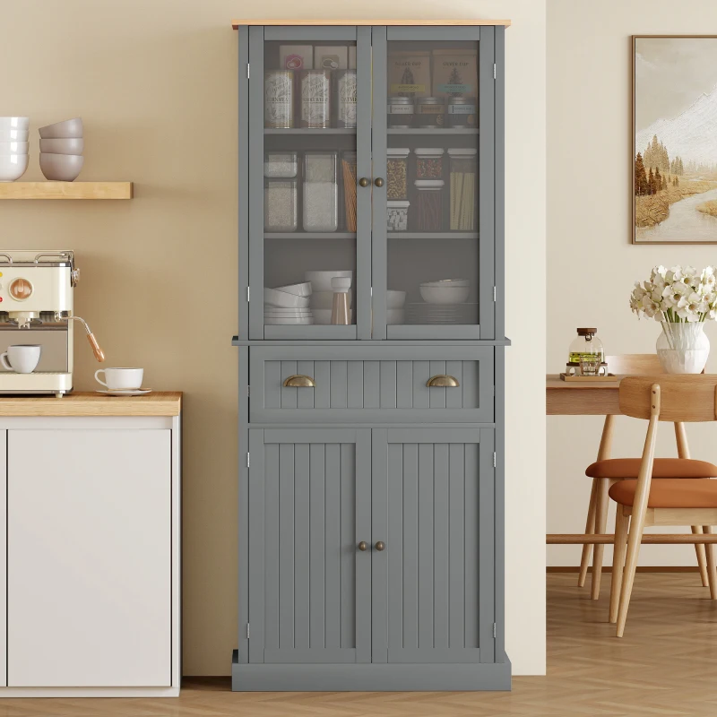 HOMCOM 72" Freestanding Kitchen Pantry Cabinet, Tall Storage Cabinet with Glass Doors, Drawer and Adjustable Shelves for Dining Room, Grey
