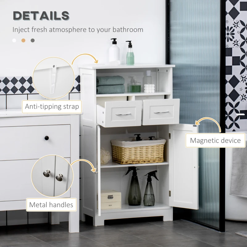 kleankin Bathroom Cabinet Organizer, Freestanding Small Storage Cabinet with Two Drawers and Adjustable Shelf for Living Room, or Entryway, White