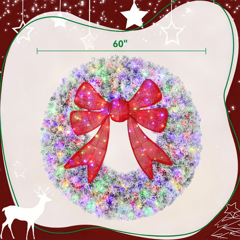 HOMCOM 60in Flocked Pre-Lit Christmas Wreath with 3D Red Bow, 11 Lighting Modes, Front Door Christmas Wreath with Remote
