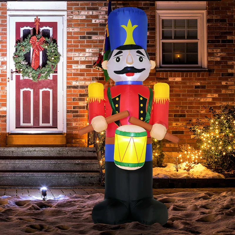 HOMCOM 8ft Christmas Inflatables Outdoor Decorations Nutcracker Toy Soldier with Drum, Blow-Up Yard Christmas Decor with LED Lights Display