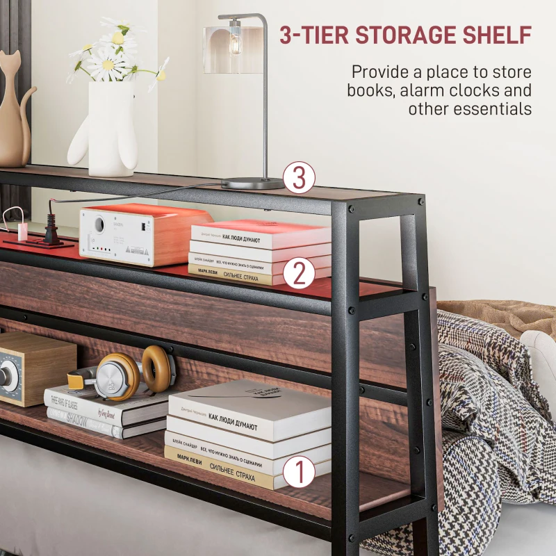 HOMCOM Full Size Bed Frame with LED Lights and Charging Station, Full Bed Frame with Storage Headboard, Noise-Free, Walnut
