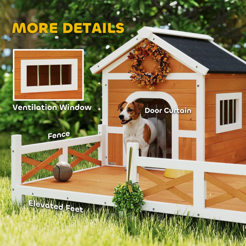 PawHut Outdoor Wooden Dog House, Dog Shelter with Large Porch, Weatherproof & Openable Roof, Elevated Base, Removable Floor