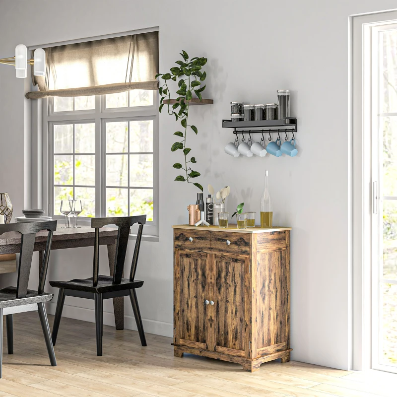 HOMCOM Kitchen Storage Cabinet, Sideboard Floor Cupboard with Solid Wood Top, Adjustable Shelf, and 2 Drawers, Brown