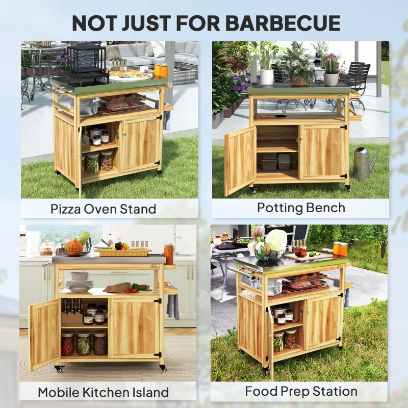Outsunny Outdoor Grill Cart w/ Stainless Steel Top, Solid Wood Outdoor Kitchen Island w/ Wheels, Storage Cabinets, Natural Wood