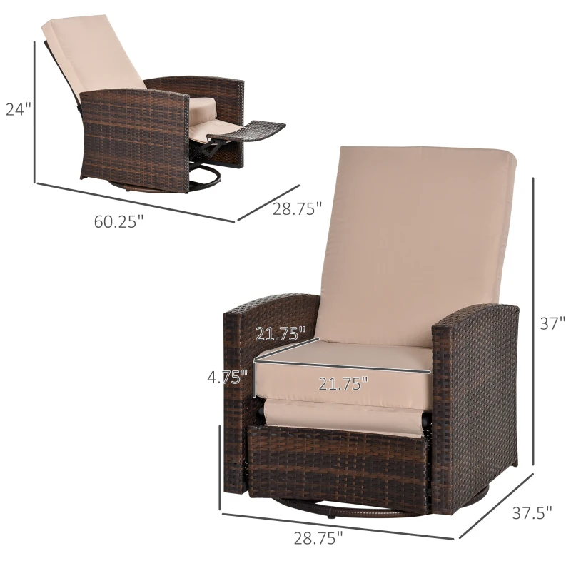 Outsunny Outdoor Wicker Swivel Recliner Chair, Reclining Backrest, Lifting Footrest, 360° Rotating Basic, Water Resistant Cushions for Patio, Khaki