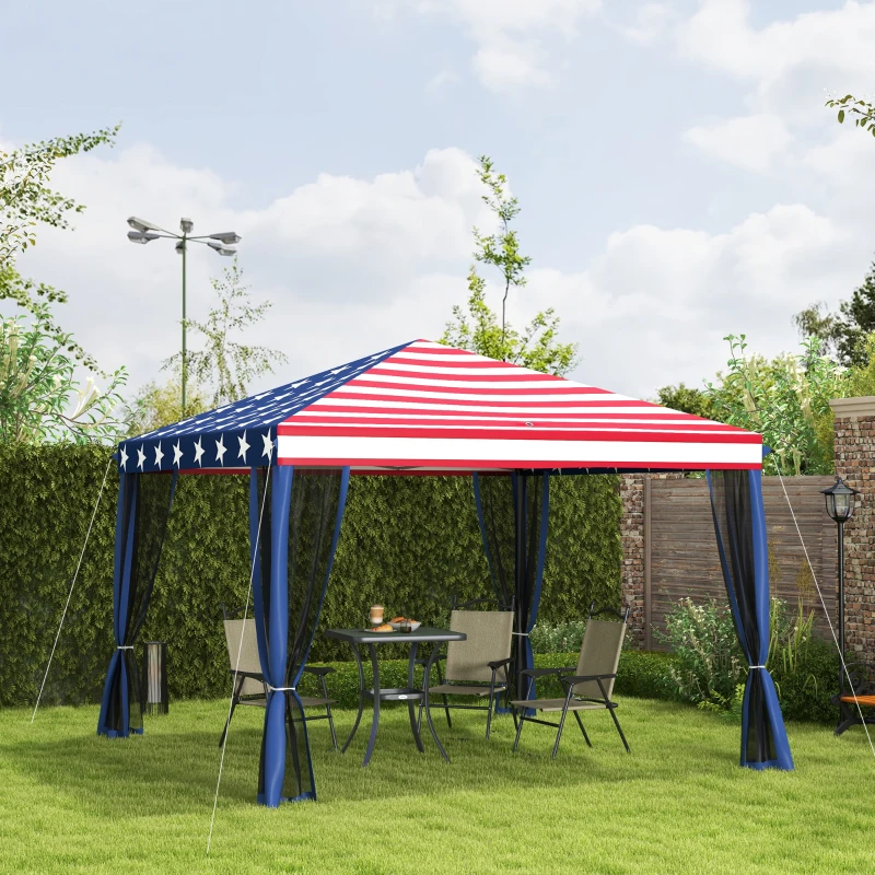 Outsunny 10' x 10' Pop Up Canopy Tent with Netting, Instant Gazebo, Screen House Room with Carry Bag, Height Adjustable, for Outdoor, Garden, Patio, Camping, American Flag
