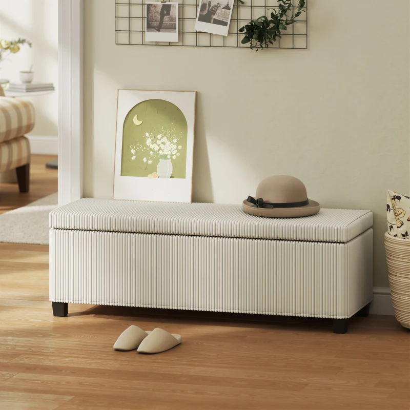 HOMCOM 47 Inches Storage Ottoman Bench, Foot Rest with Legs, End of Bed Bench, Corduroy Storage Chest for Living Room, Beige