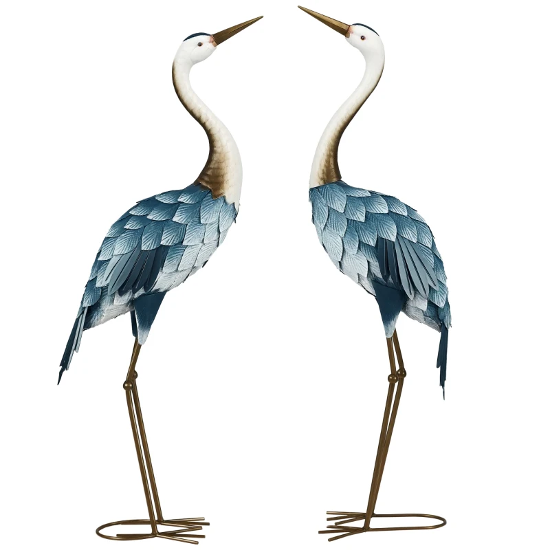 Outsunny Crane Garden Statues, 28.5" & 29" Standing Bird Sculptures, Metal Yard Art Decor, Landscape Decoration Set of 2, Blue