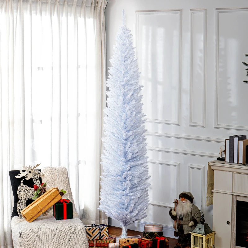 HOMCOM 8ft Unlit Pencil Artificial Christmas Tree with Realistic Branches and 618 Tips, Plastic Base, White