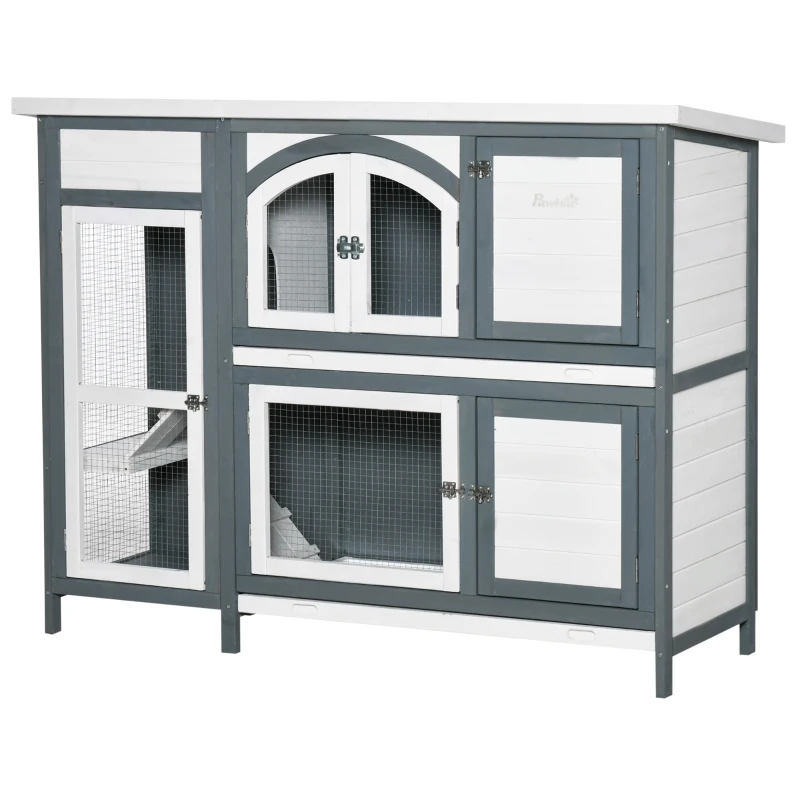 PawHut 57" Rabbit Hutch, 2 Tier Bunny Cage, Guinea Pig Cage, Bunny Run, Indoor Outdoor Small Animal House with Slide-out Tray, Ramp