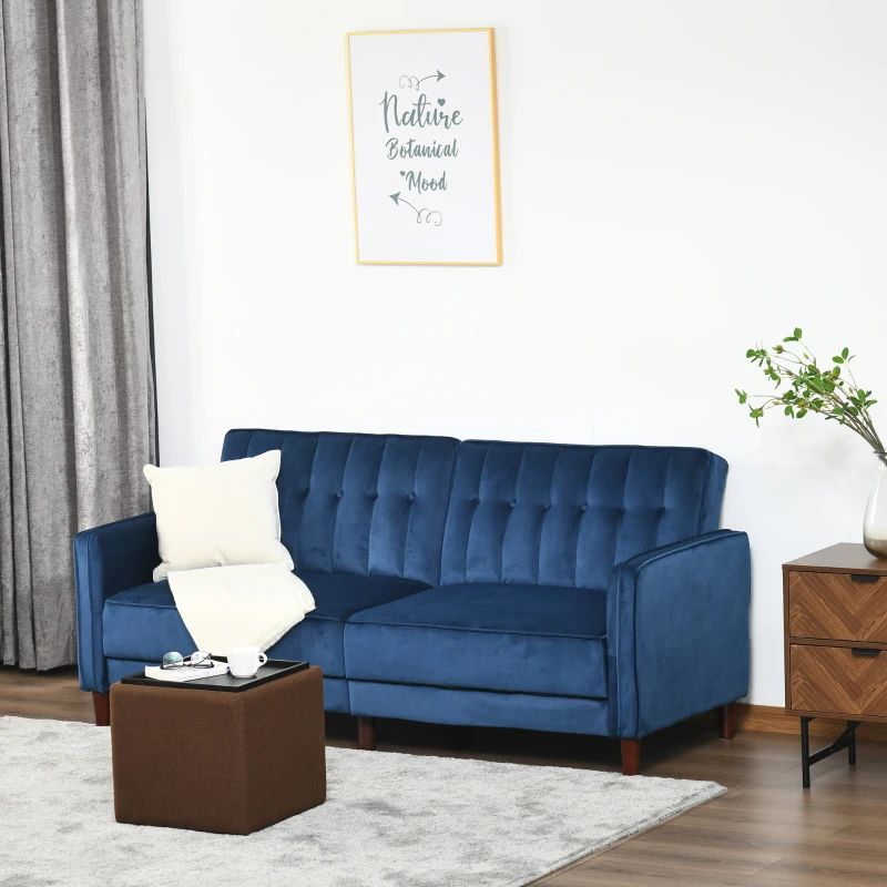 HOMCOM Convertible Sofa Sleeper Futon with Split Back Design Recline, Thick Padded Velvet-Touch Cushion Seating and Wood Legs, Blue
