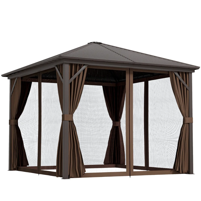 Outsunny 10' x 10' Hardtop Gazebo Canopy, Permanent Pavilion with Hook, Curtains, Aluminum Frame for Patio, Garden, Dark Brown