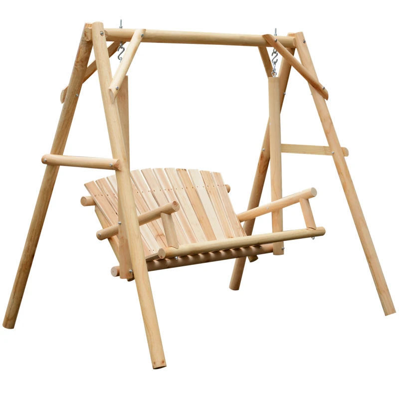 Outsunny Freestanding 6.5' Wooden Loveseat Traditional Farmhouse Style Log Swing Natural Wood
