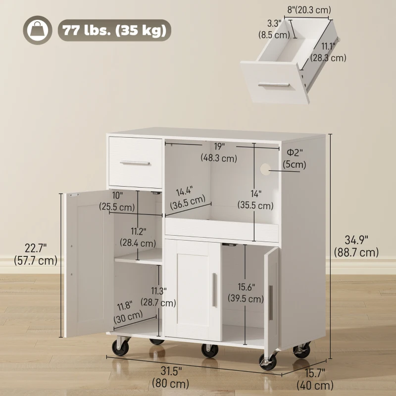 HOMCOM Microwave Cabinet Kitchen Cart Sliding Tray Adjustable Shelf Cable Hole 31.5" x 15.7" x 34.9" in White