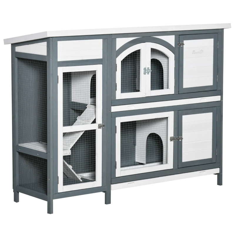 PawHut 57" Rabbit Hutch, 2 Tier Bunny Cage, Guinea Pig Cage, Bunny Run, Indoor Outdoor Small Animal House with Slide-out Tray, Ramp