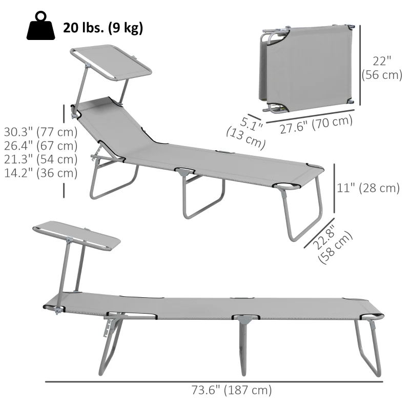 Outsunny 2 Pieces Outdoor Lounge Chair, Adjustable Folding Chaise Lounge, Tanning Chair with Sun Shade for Beach, Camping, Hiking, Backyard, Light Grey