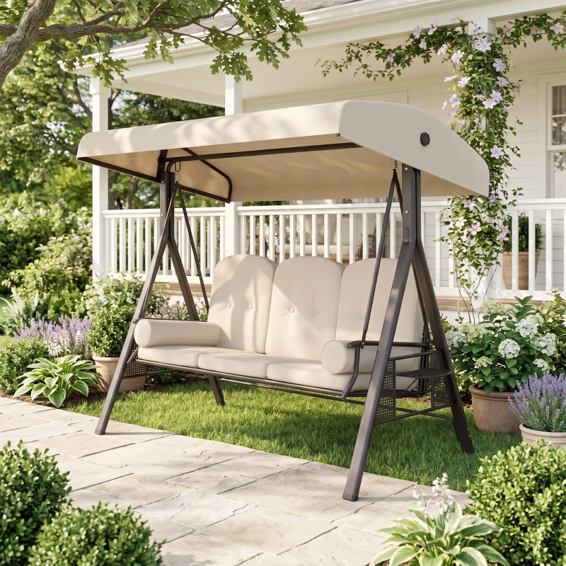 Outsunny 3-Seat Patio Swing Chair, Outdoor Porch Swing Glider with Adjustable Canopy, Removable Cushion, Pillows and Side Trays, for Garden, Poolside, Backyard, Beige