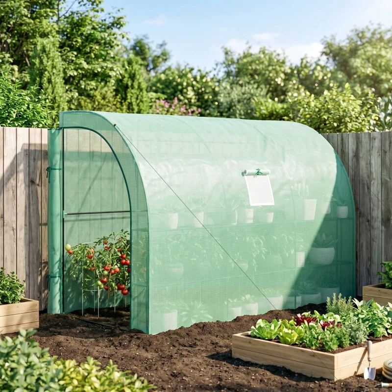 Outsunny 10' x 5' x 7' Lean to Greenhouse, Walk-In Green House, Plant Nursery with 2 Roll-up Doors and Windows, PE Cover and 3 Wire Shelves, Green(m-9)