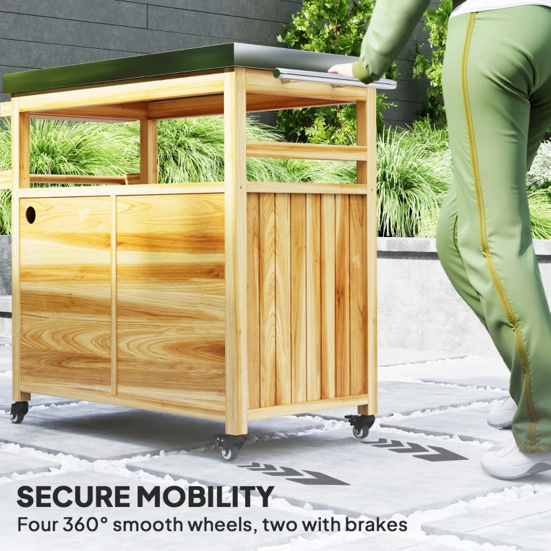 Outsunny Outdoor Grill Cart w/ Stainless Steel Top, Solid Wood Outdoor Kitchen Island w/ Wheels, Storage Cabinets, Natural Wood