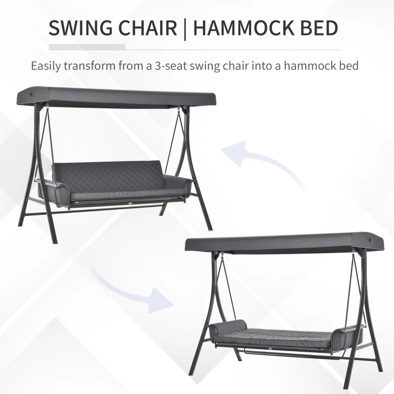 Outsunny 3-Seat Patio Swing Chair, Converting Flatbed, Outdoor Porch Swing Bed Glider with Adjustable Canopy, Removable Cushions, Pillows for Garden, Poolside, Backyard, Gray