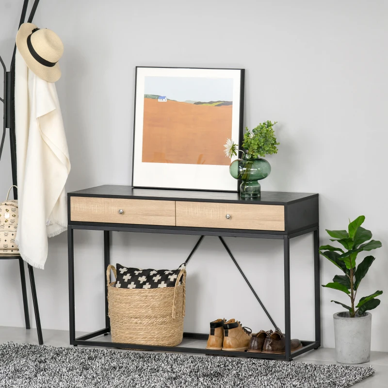HOMCOM Console Table, Hallway Table with 2 Drawers,  Steel Frame Sofa Table for Entrance and Living Room, Black