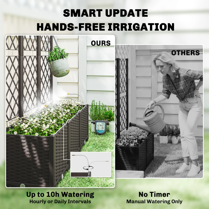 Outsunny 3PCS Plastic Planter Box with Trellis, Self-Watering Raised Garden Bed with Trellis and Automatic Watering Timer Kit
