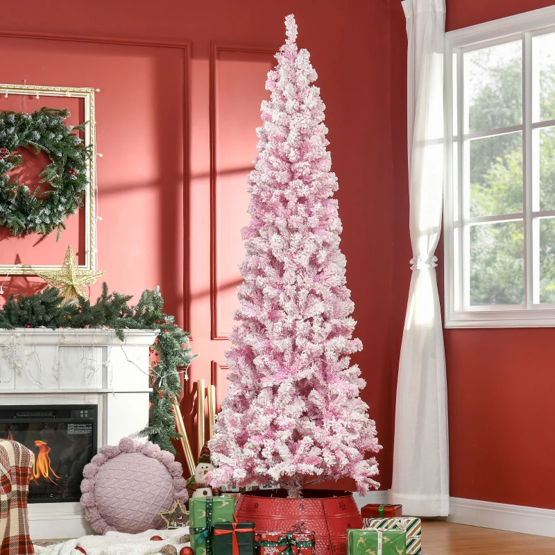 HOMCOM 7.5ft Tall Unlit Snow Flocked Artificial Christmas Tree Slim Pencil Xmas Tree, Pink