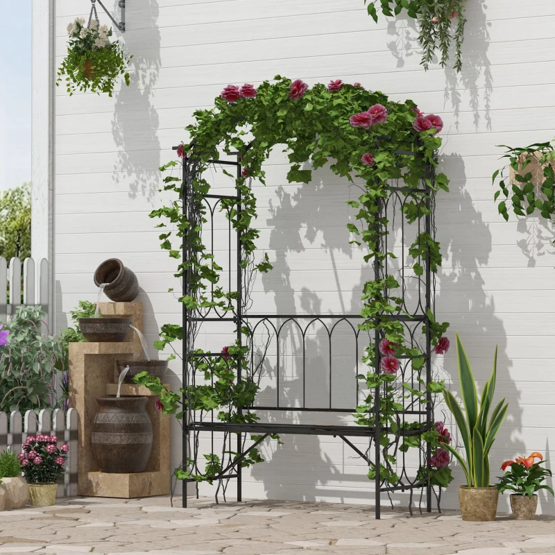 Outsunny Metal Trellis Arbor Arch for Climbing Plants with Garden Bench, Grow Grapes and Vines, Decorative Seating,  Black
