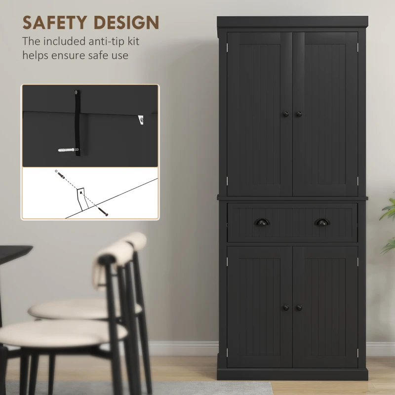 HOMCOM 72" Kitchen Pantry Storage Cabinet, Cupboard with 4 Doors and 3 Adjustable Shelves, Large Central Drawer, Black