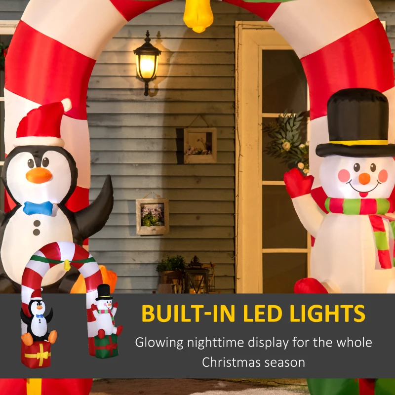 Outsunny 9ft Christmas Inflatables Outdoor Decorations Candy Cane Archway with Penguin Snowman Sit on Gift Box, Blow-Up LED Yard Christmas Decor for Lawn Garden