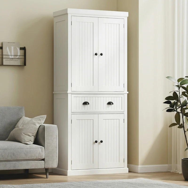 HOMCOM 72" Kitchen Pantry Storage Cabinet, Cupboard w/ 4 Doors and 3 Adjustable Shelves, Large Central Drawer, Cream White