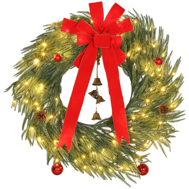 HOMCOM 36 Inch Christmas Wreath for Front Door with LED Lights, Prelit Christmas Wreath with 8 Modes and Ornaments, Green