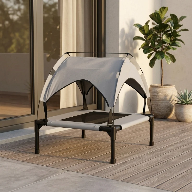 PawHut Elevated Dog Bed with Canopy, Raised Outdoor Pet Bed for Camping with Washable Breathable Mesh, 30" x 24" x 27"