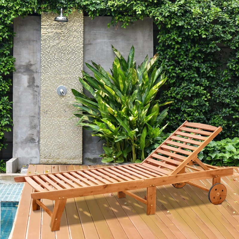 Outsunny Outdoor Folding Chaise Lounge Chair Recliner with Wheels, Acacia Wood Frame - Teak Color