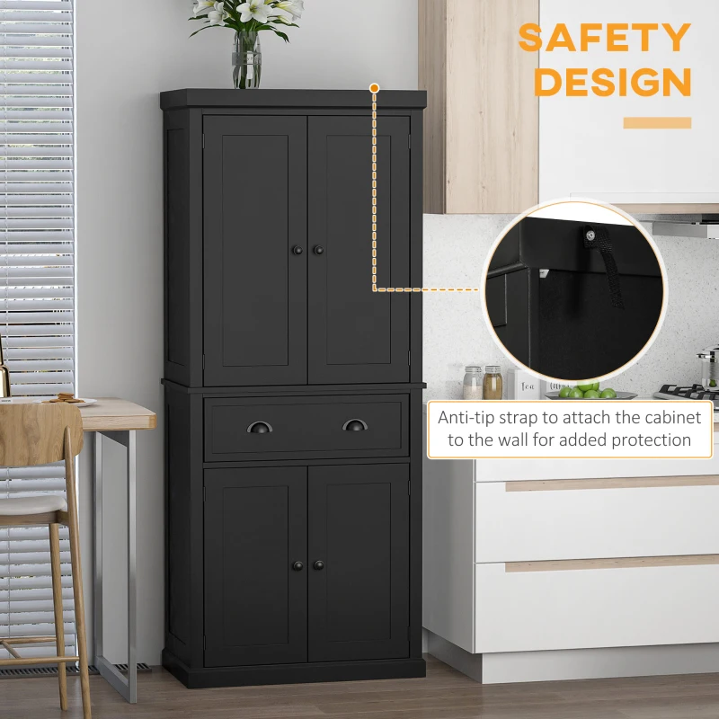 HOMCOM 72.5" Kitchen Cabinet, Pantry Storage Cabinet with Doors and Shelves, Freestanding Food Pantry Cabinet, Black