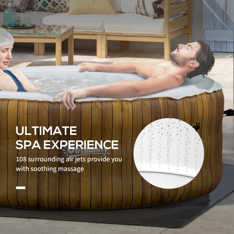 Outsunny 4 Person Inflatable Hot Tub, Outdoor Round Portable Spa with 108 Heated Air Jets, Cover, Pump, 2 Filter Cartridges, Faux Wood